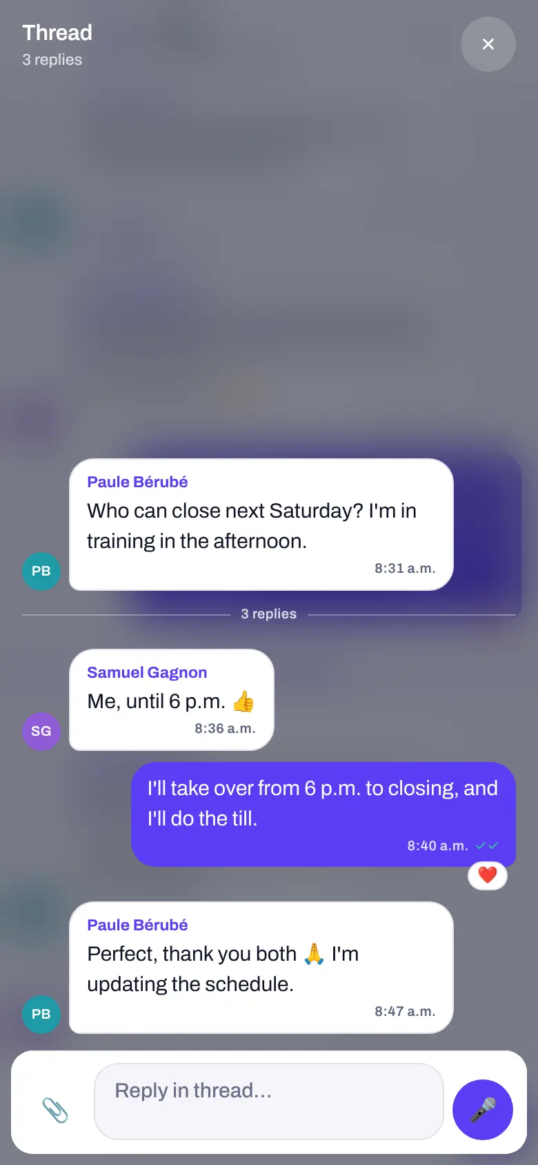 A reply thread: the store manager asks who closes on Saturday, two sales associates split the closing