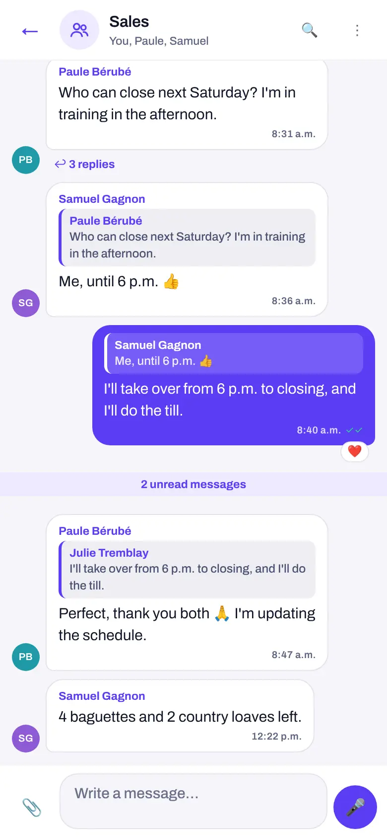The Sales group: the morning display in a photo, then the question about Saturday’s closing and its three replies