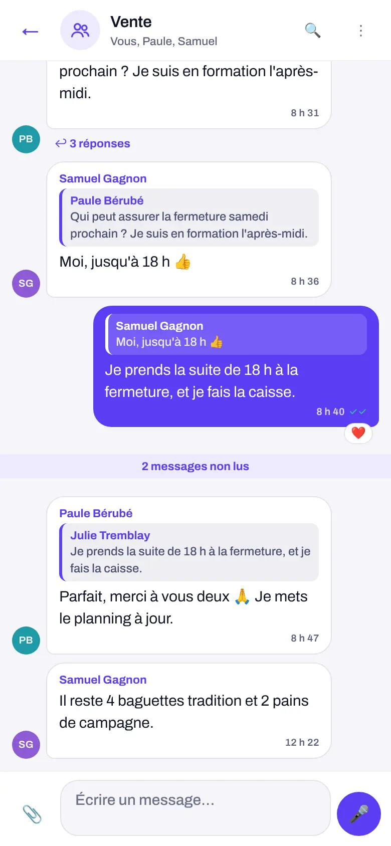 Le groupe Vente : la vitrine du matin en photo, puis la question sur la fermeture de samedi et ses trois réponses