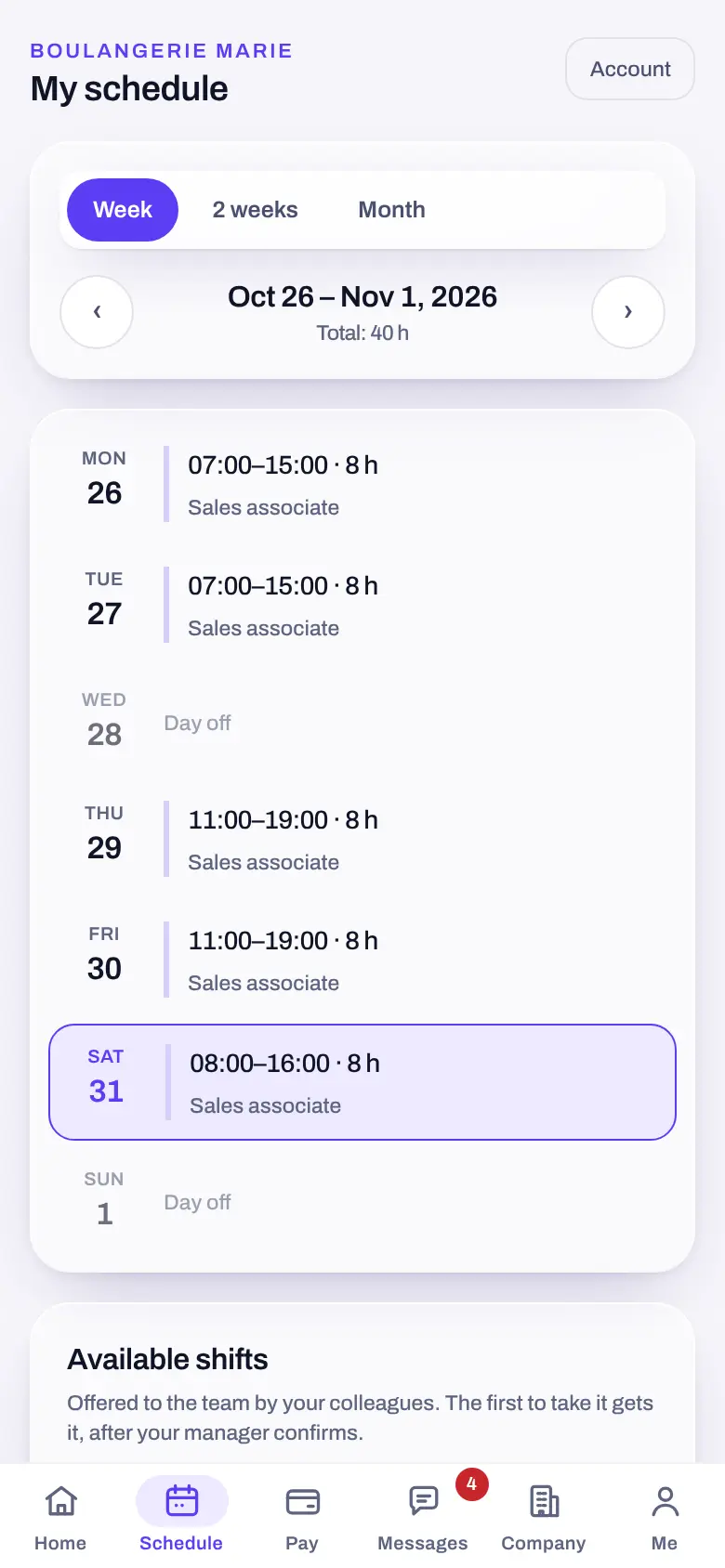 A sales associate’s weekly schedule, shift by shift