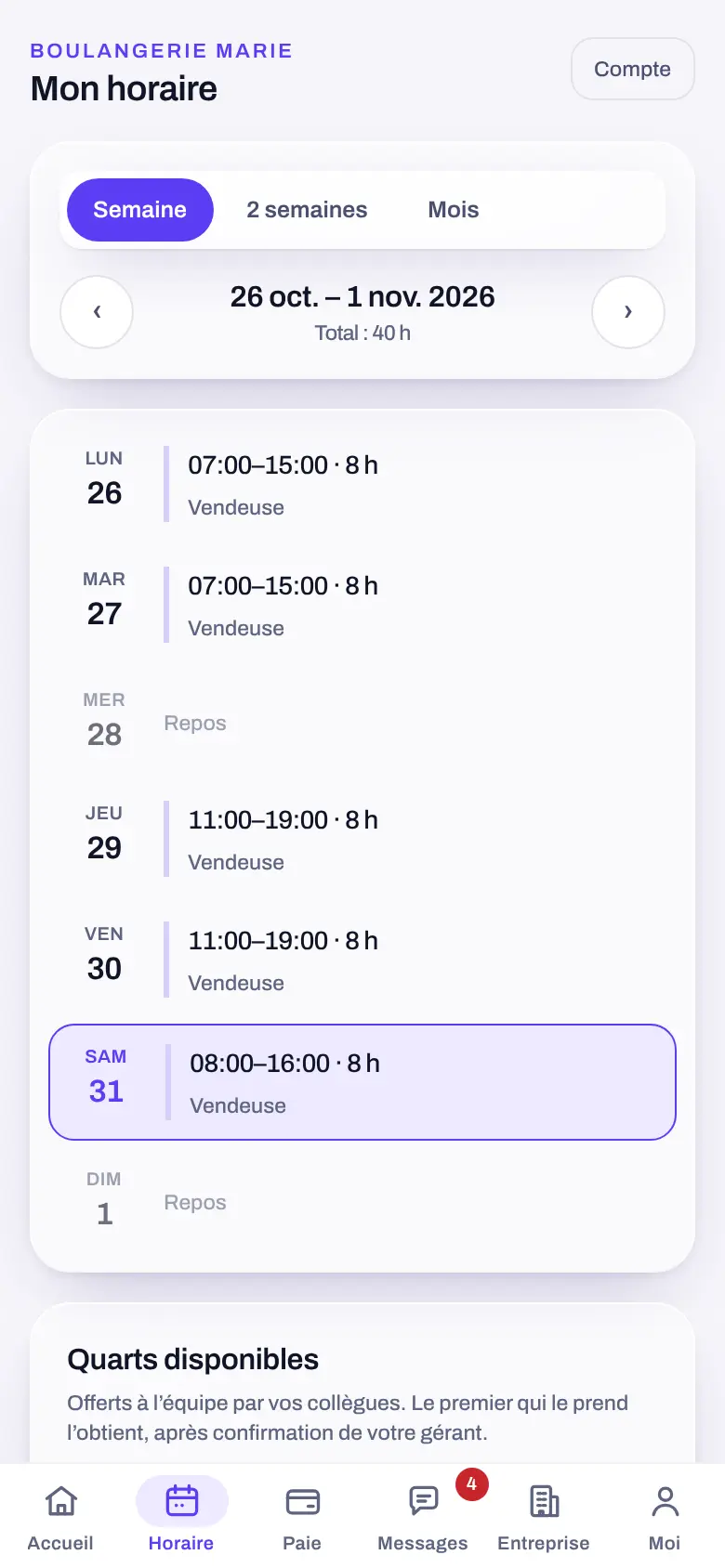 L’horaire de la semaine d’une vendeuse, quart par quart