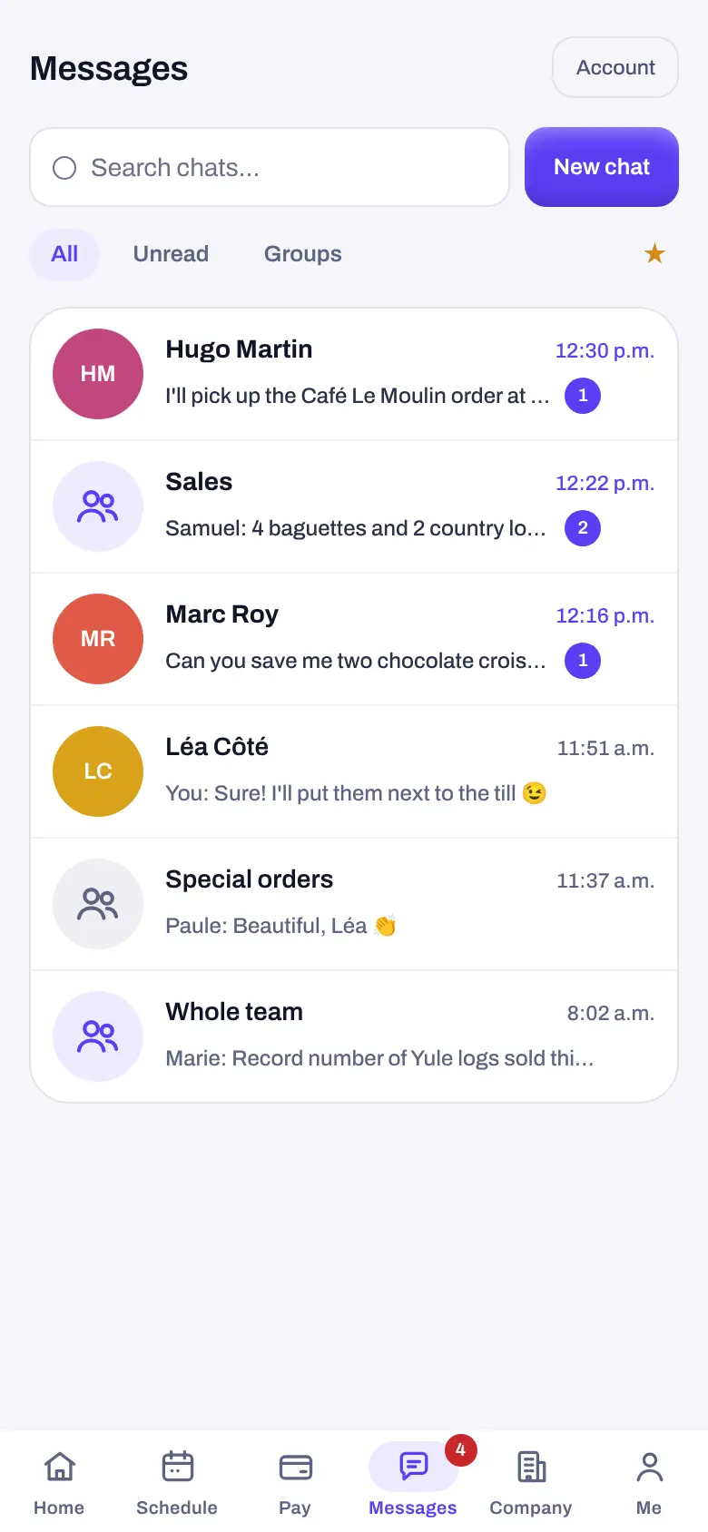 The chat list: the delivery driver, the Sales group, the baker, the pastry chef, special orders and the whole team