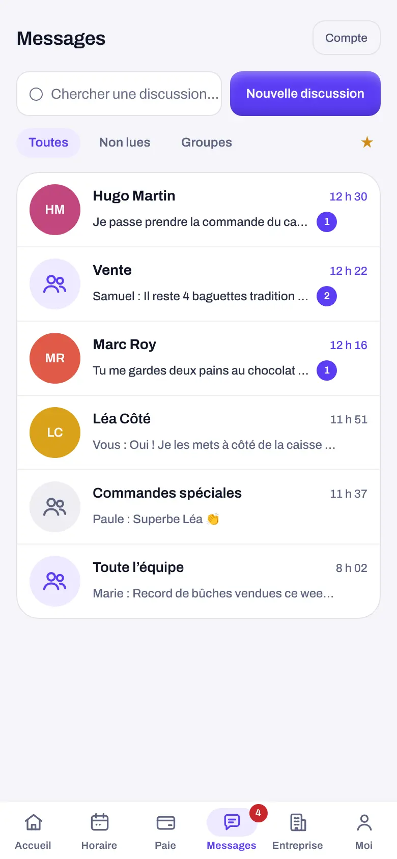 La liste des discussions : le livreur, le groupe Vente, le boulanger, la pâtissière, les commandes spéciales et toute l’équipe