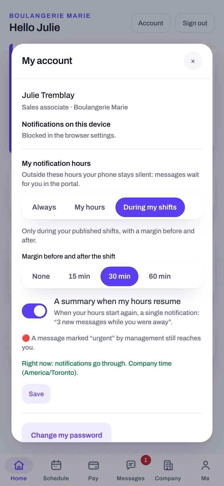 The “My notification hours” setting: during my shifts, with a 30-minute margin and the summary when hours resume