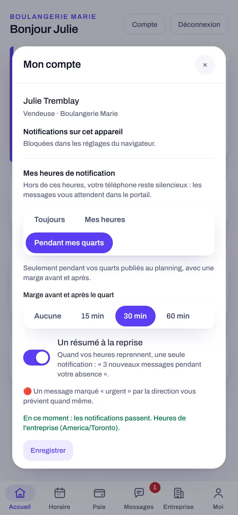 Le réglage « Mes heures de notification » : pendant mes quarts, avec 30 minutes de marge et le résumé à la reprise